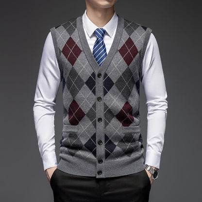 Men's Knitted Wool Vest Cardigan Sleeveless Pocket V-neck Vest